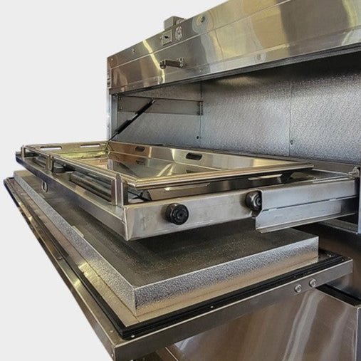 2 body vault cooler telescoping tray extended, full-extension slide rail bariatric handling