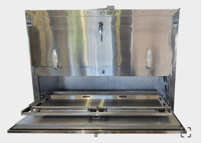 2 body vault mortuary cooler with telescoping rails, full exterior view