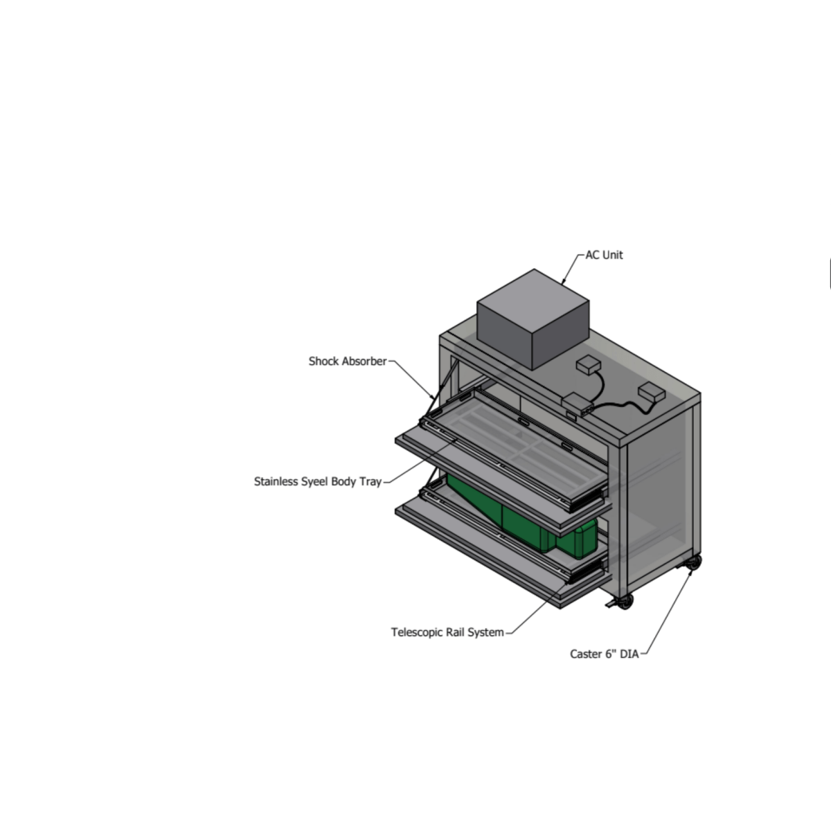 1070-2MBS vault cooler tray rail detail, telescoping slide system for safe cadaver transfer