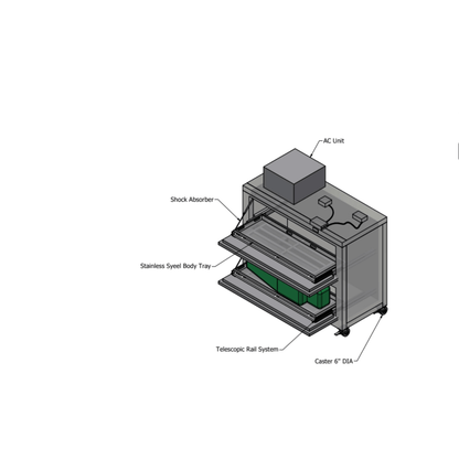 1070-2MBS vault cooler tray rail detail, telescoping slide system for safe cadaver transfer