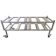 Close-up view of the 2-in-1 multi-directional roller system on an American Mortuary Coolers 2-tier rack, demonstrating end and side loading capabilities for max facility efficiency.