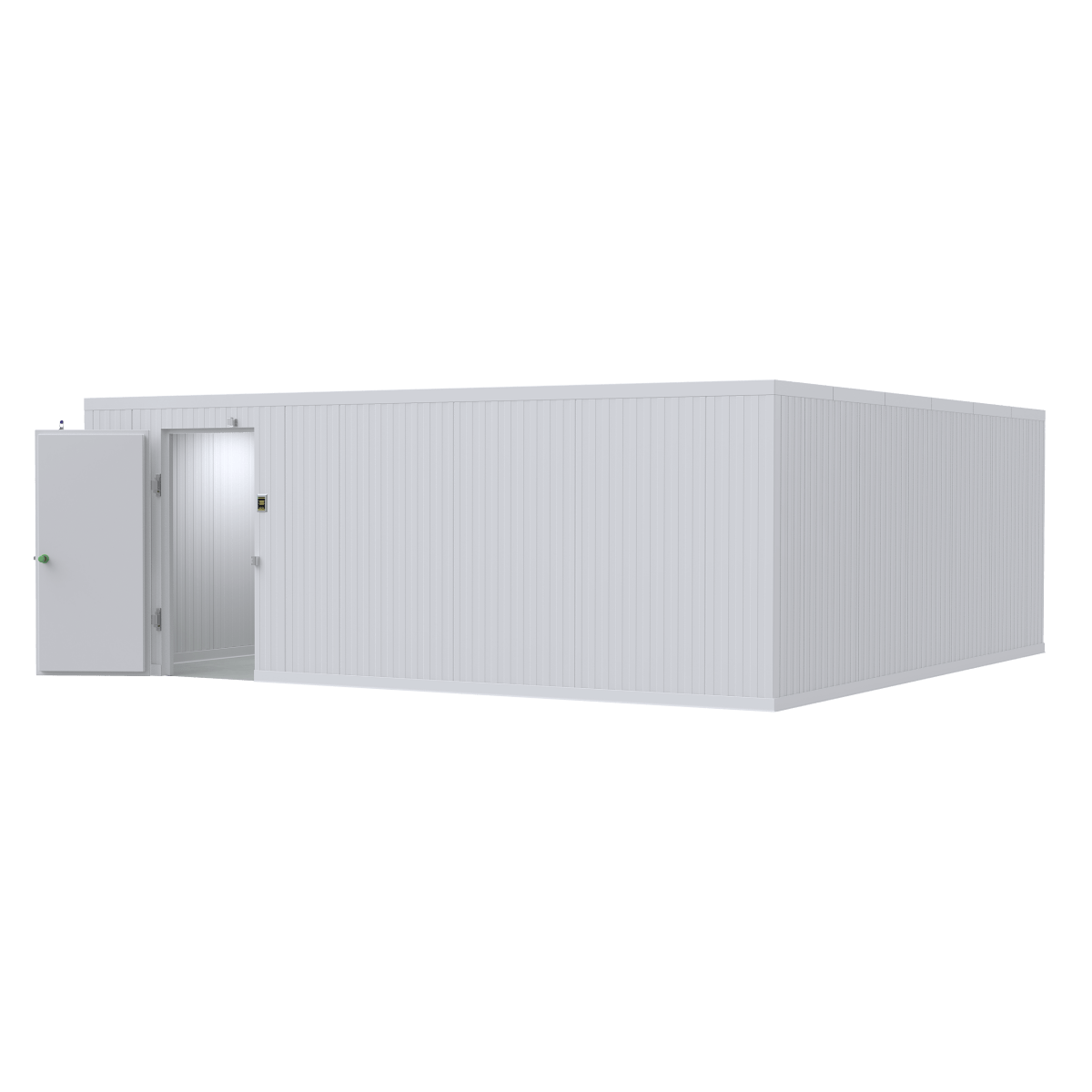 American-made 20x20 walk-in mortuary cooler featuring flush-mounted doors and precision-engineered insulation panels.