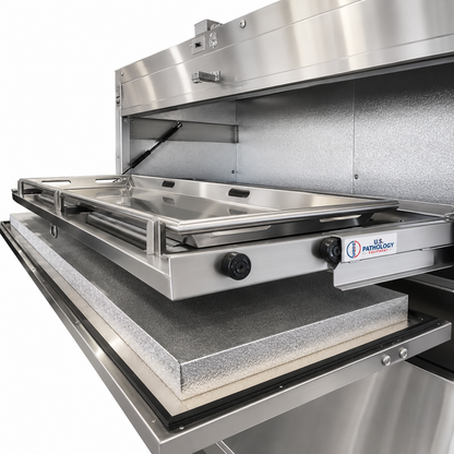U.S. Pathology Equipment 2-Body Vertical Vault Cooler, upper-tier bay with door open — stainless slide-out cadaver tray, American Mortuary Coolers