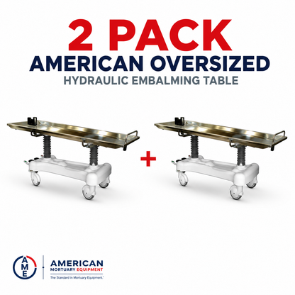 2-Pack Oversized Hydraulic Embalming Tables — twin 850 lb bariatric stainless steel tables, foot-pump hydraulic height adjustment, bundle savings, American-made by American Mortuary Equipment
