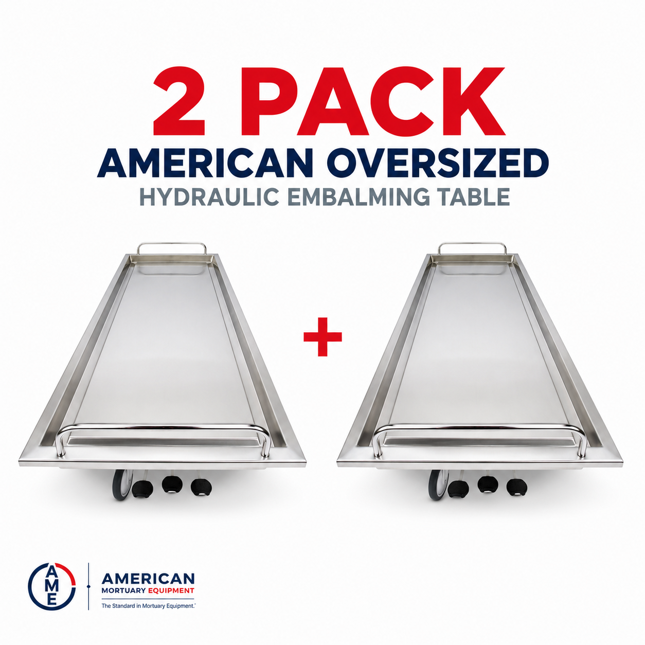2-Pack oversized hydraulic embalming tables, twin 850 lb bariatric stainless steel prep tables