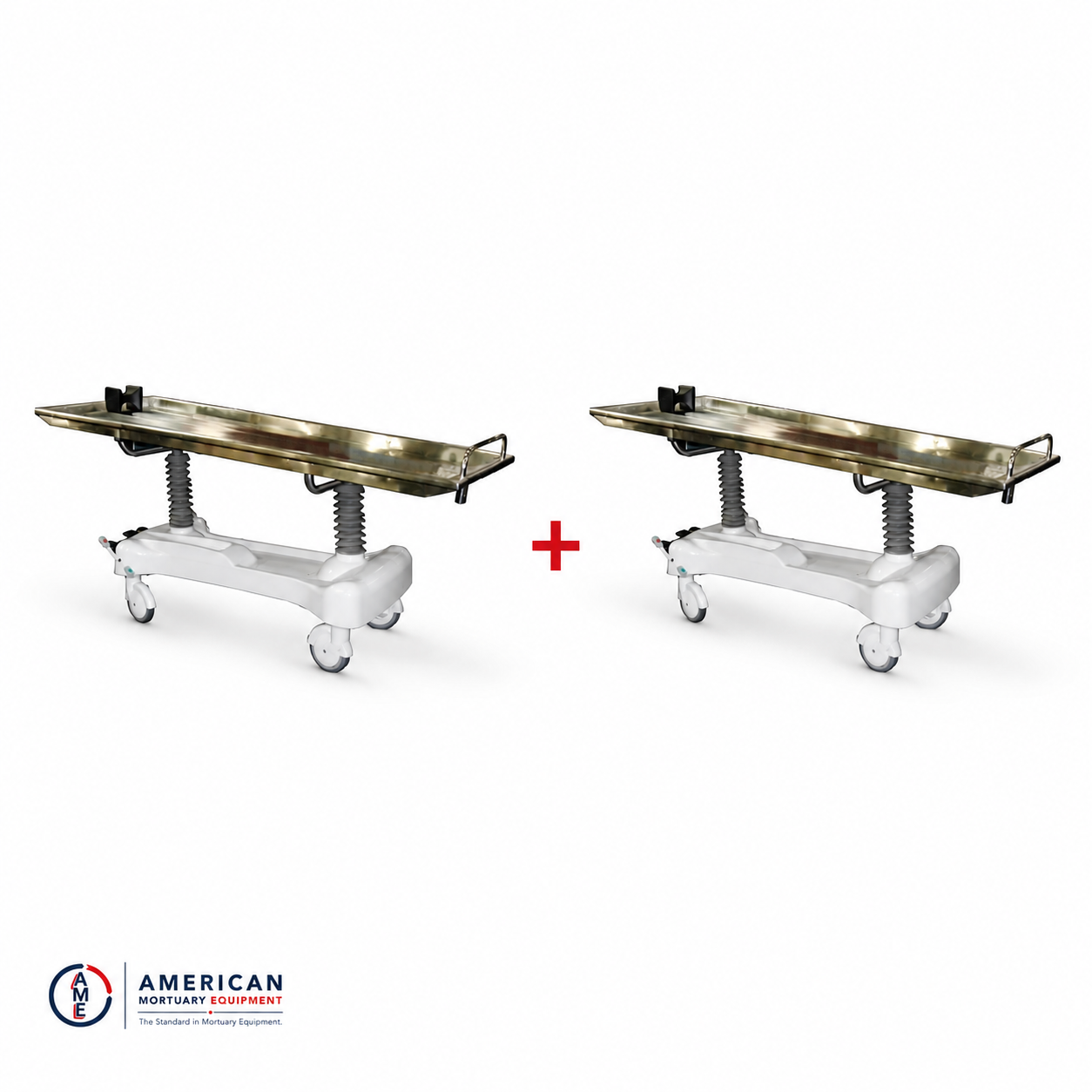 2-Pack hydraulic embalming tables — height-adjustable bariatric prep room tables with full stainless tops, 850 lb capacity, factory direct from American Mortuary Equipment