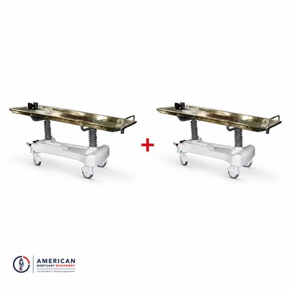 2-Pack hydraulic embalming tables — height-adjustable bariatric prep room tables with full stainless tops, 850 lb capacity, factory direct from American Mortuary Equipment