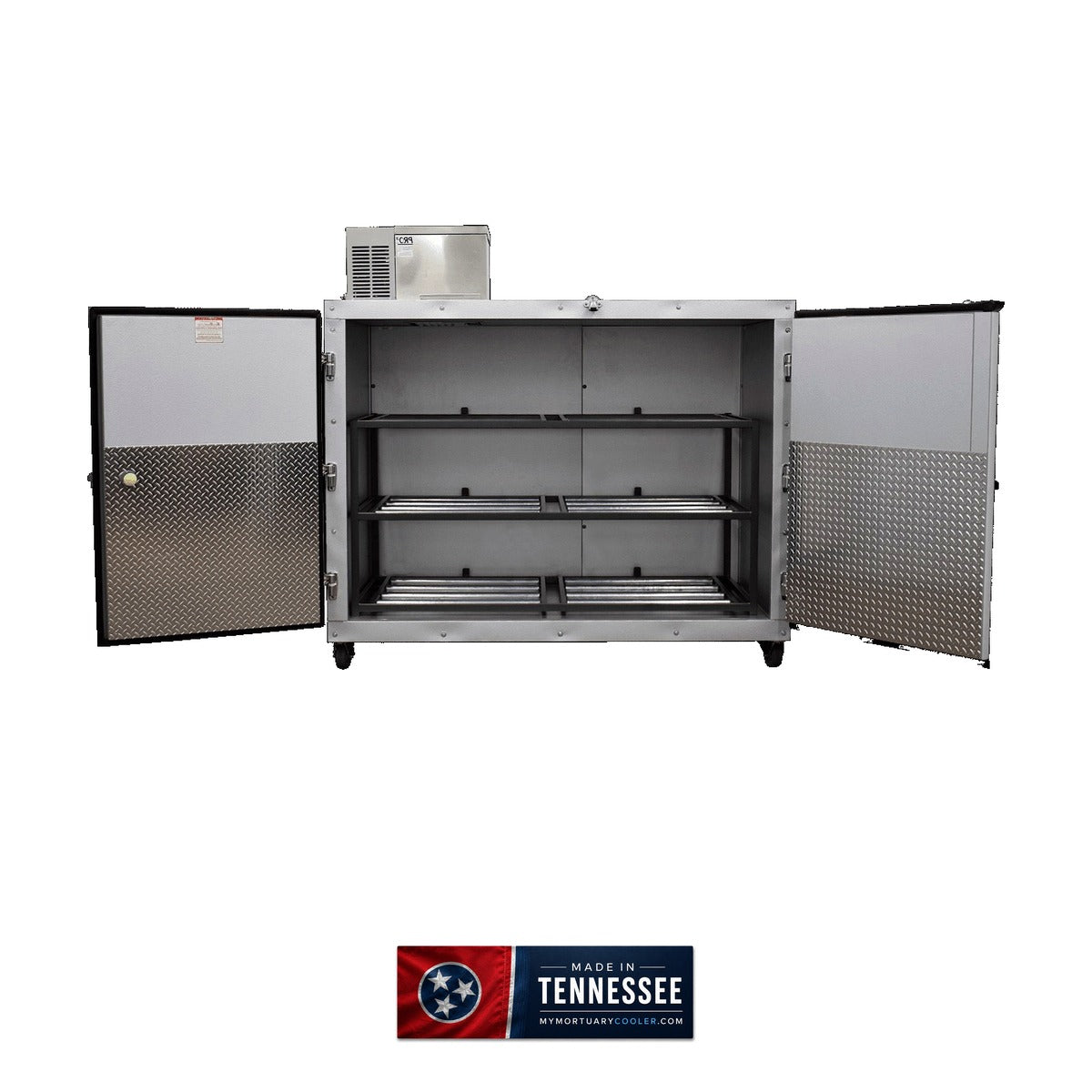 3 Body Extra-Wide Side-Load Upright Mortuary Cooler | Dual-Door Bariatric Cadaver Cooler | American-Made Morgue Refrigeration | American Mortuary Coolers