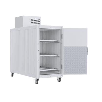 Three-body stainless steel mortuary cooler showing the interior body rack system with sliding trays for efficient storage and easy access inside a professional morgue unit.