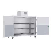 Three-body side-loading mortuary cooler by American Mortuary Coolers, featuring stainless steel construction, insulated doors, and precision temperature control for professional funeral home and morgue refrigeration.
