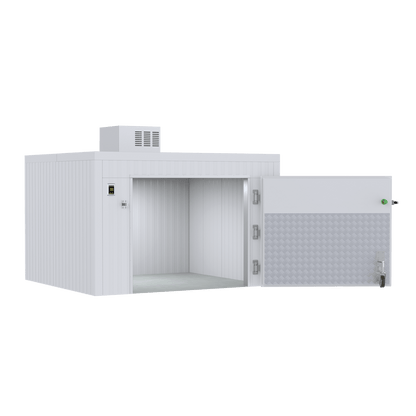 Front view of a 3 body triple-wide roll-in mortuary cooler designed for funeral home body storage