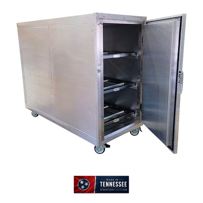 6 body dual-door upright mortuary cooler interior bay detail, twin roller rack cadaver storage