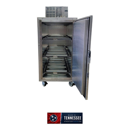 3 body extra wide upright mortuary cooler full exterior, self-contained 110V bariatric morgue refrigeration