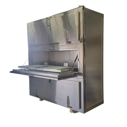 3-Door Vault-Style Morgue Cooler Model 1070-3MBS, small-footprint individual bay cadaver storage with stainless slide-out trays