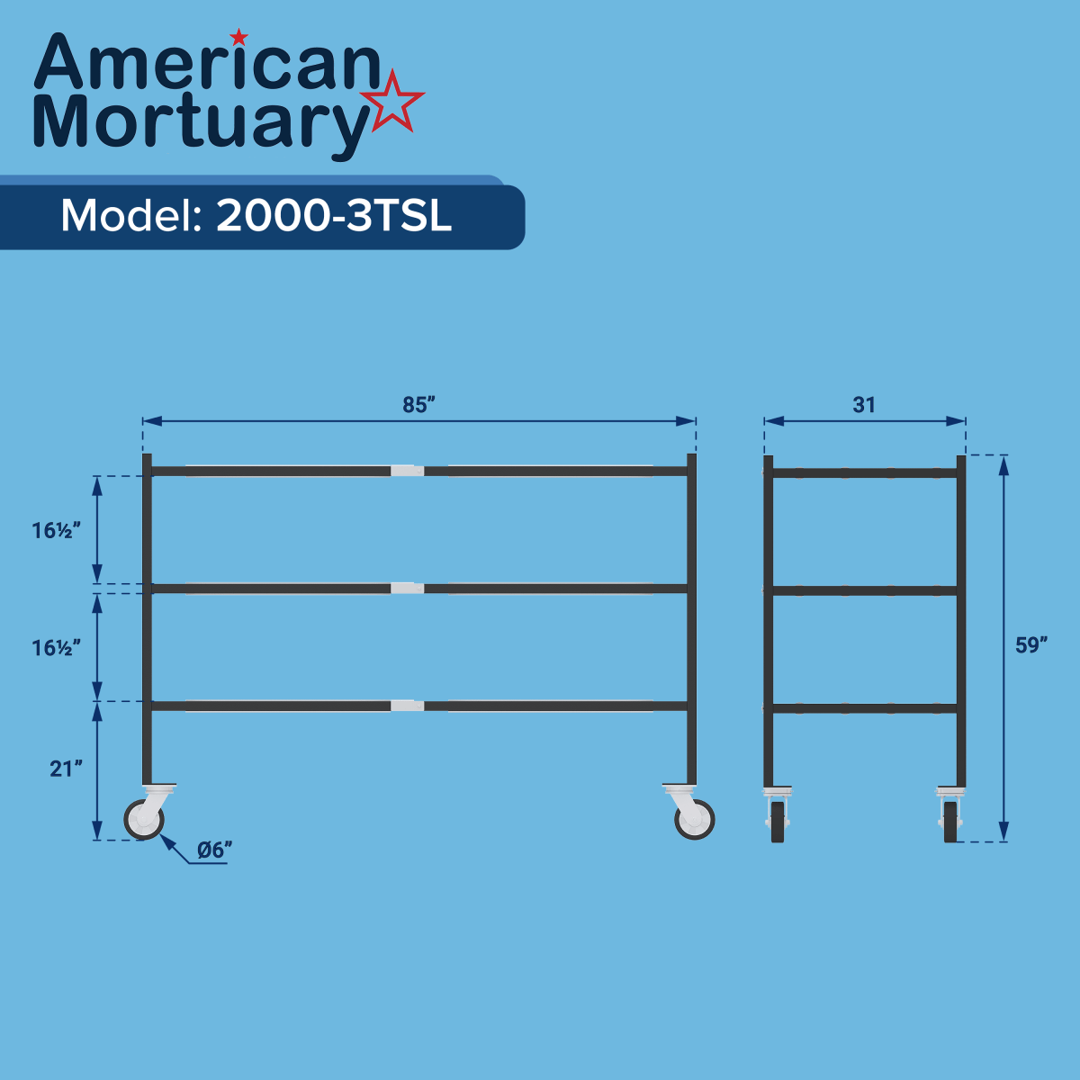 3 Tier Side Loading Mortuary Rack | Model 2000 - 03TSL - American Mortuary Coolers & Equipments