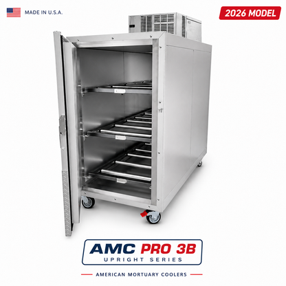 3 Body Standard Upright Mortuary Cooler | Cadaver Cold Storage | Morgue Refrigeration | Slide-Out Shelf Funeral Home Cooler | American Mortuary Coolers