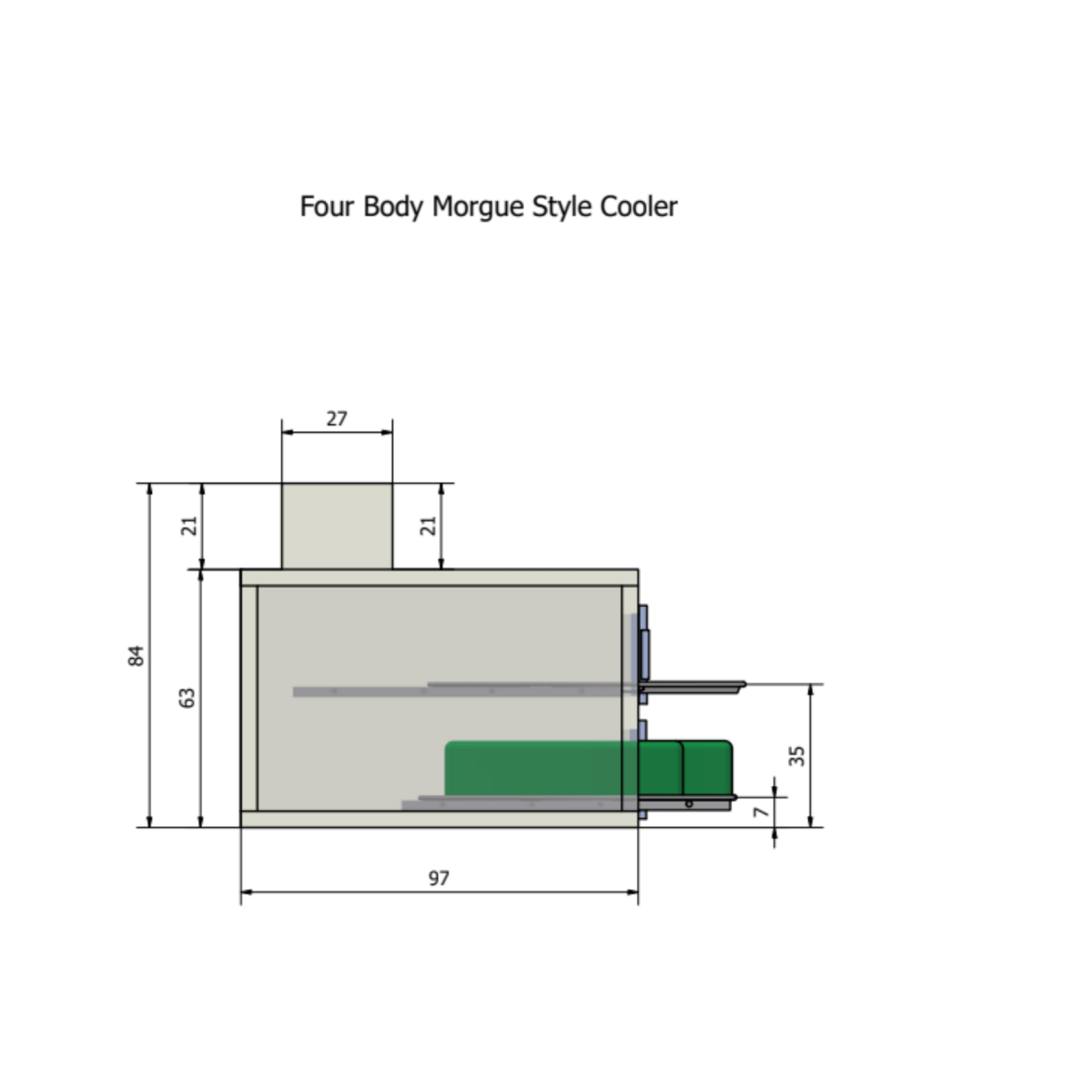 Model 1070-4MBE vault cooler tray extended, slide-out stainless cadaver tray system