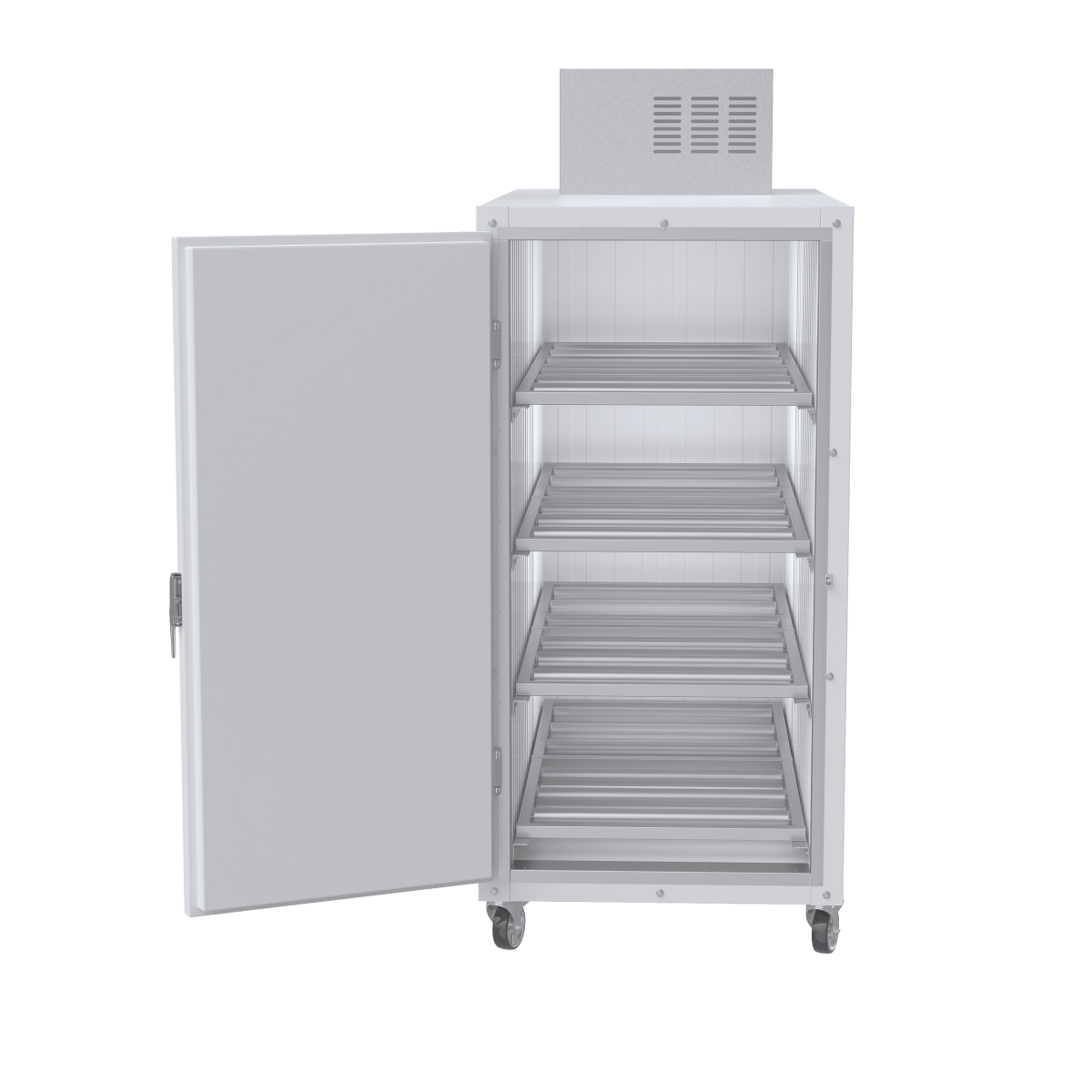Front view of a 4 body upright mortuary cooler with oversized cabinet and self-contained refrigeration system