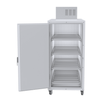 Front view of a 4 body upright mortuary cooler with oversized cabinet and self-contained refrigeration system