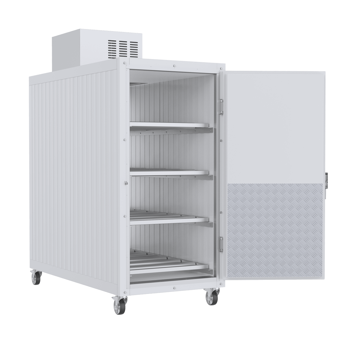 Four-body upright mortuary cooler with stainless steel interior, insulated panels, and top-mounted compressor — designed for funeral homes and medical facilities.