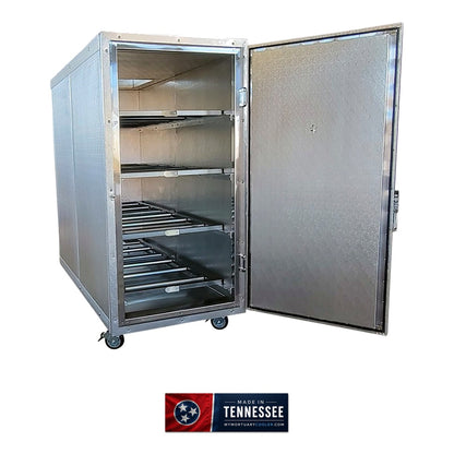 4 body extra wide mortuary cooler side profile, heavy-gauge stainless construction, Tennessee-made