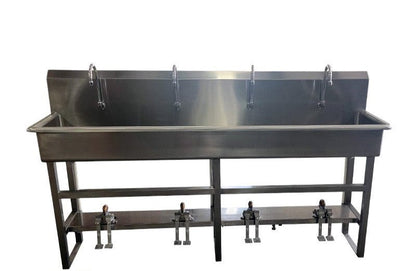 Foot Pedal Sink 4-Station Stainless Scrub Sink Model 1035-06-4 full unit, hands-free multi-user scrub station