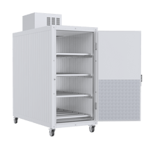 Interior view of the Model 4BX mortuary cooler showcasing the 36-inch heavy-duty stainless steel 4-tier tray tracking system and interior rolling rack system.