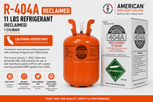 AMC reclaimed R-404A 11 lb refrigerant cylinder, AHRI-700 certified and California SB 1206 compliant.