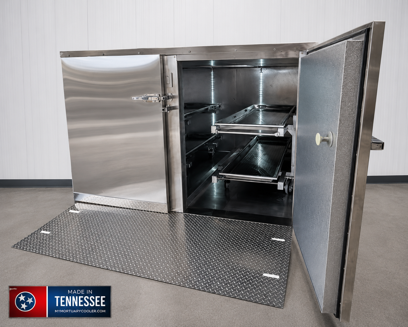 4 Body 2-Door Compact Mortuary Cooler | Model AMC-4B-2D | Hybrid Dual-Door Cadaver Storage | American-Made Morgue Refrigeration