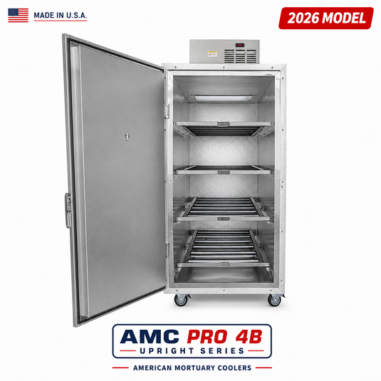 4 Body Extra Wide Upright Mortuary Cooler | Model 4BX | Bariatric Cadaver Cooler | American-Made Morgue Refrigeration | American Mortuary Coolers