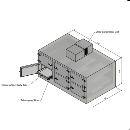 6 bay vault-style morgue cooler door array, individual chamber access for hospital morgues