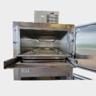 6 bay vault morgue cooler tray extended, slide-out stainless cadaver tray detail