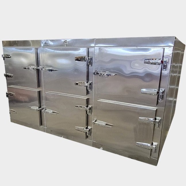 6 Bay Vault-Style Morgue Cooler Model 1070-3MB6, individual bay cadaver storage with stainless slide-out trays