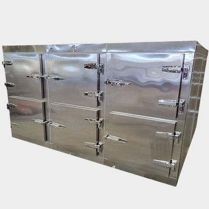 6 Bay Vault-Style Morgue Cooler Model 1070-3MB6, individual bay cadaver storage with stainless slide-out trays