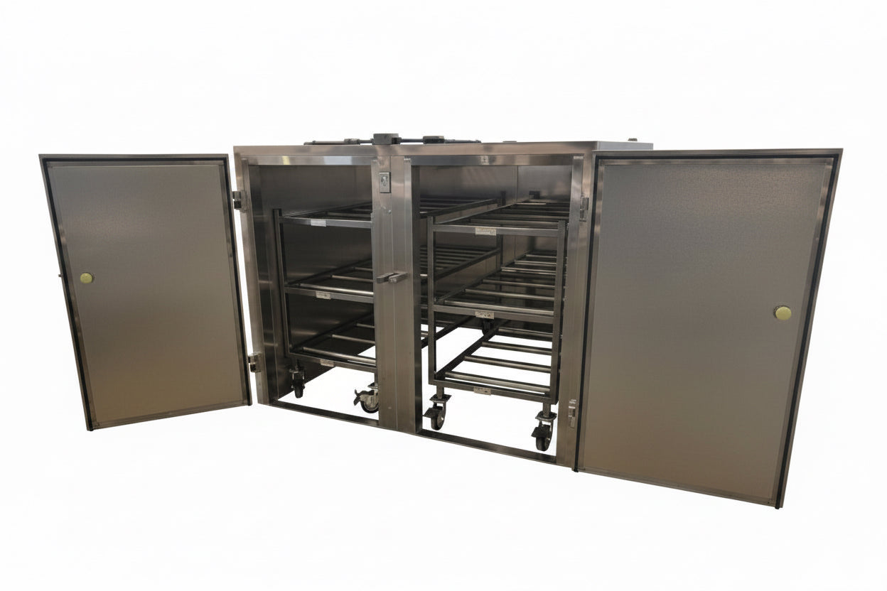 Twin 3-tier roller racks in the AMC-6B-2D six-body mortuary cooler