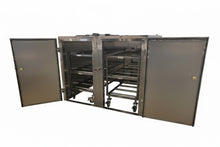 Twin 3-tier roller racks in the AMC-6B-2D six-body mortuary cooler