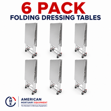 6-Pack folding mortuary dressing tables — bulk bundle of stainless steel cadaver prep tables, American Mortuary Equipment