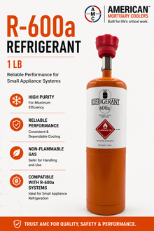 AMC R-600a 1 lb natural hydrocarbon isobutane refrigerant cylinder with 1/4 inch HVAC valve, zero ODP and negligible GWP.