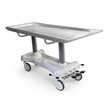 Bariatric 850 lb mortuary prep table with reinforced hydraulic base