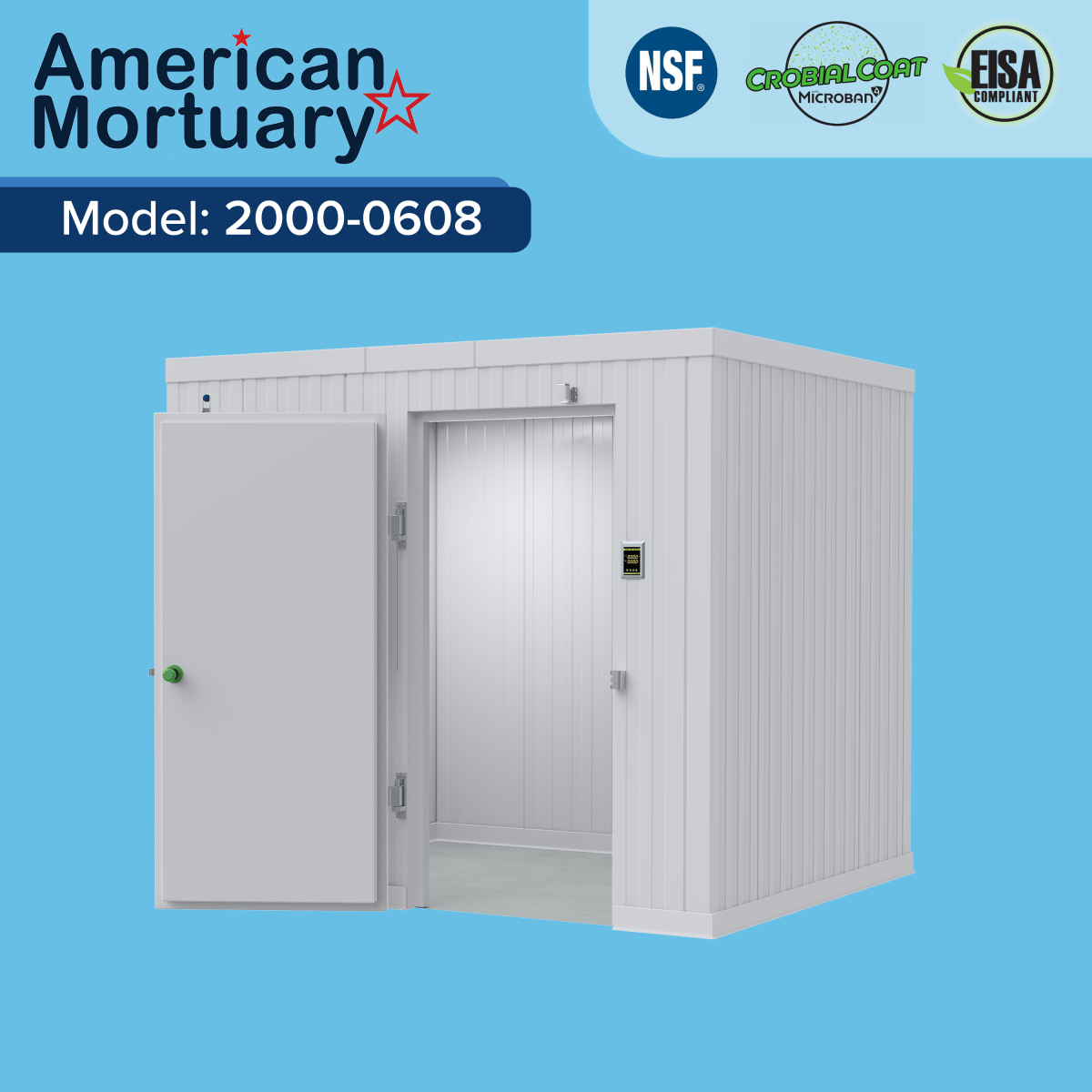 Model AMC-0608 compact walk-in mortuary cooler, funeral home cadaver cold storage