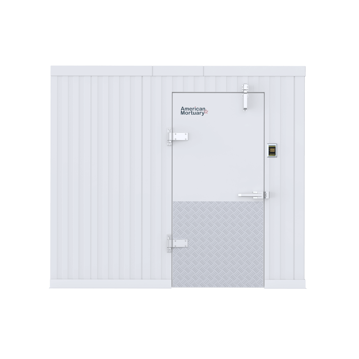 6x8 walk-in mortuary cooler detail, heavy-duty door hardware and temperature control