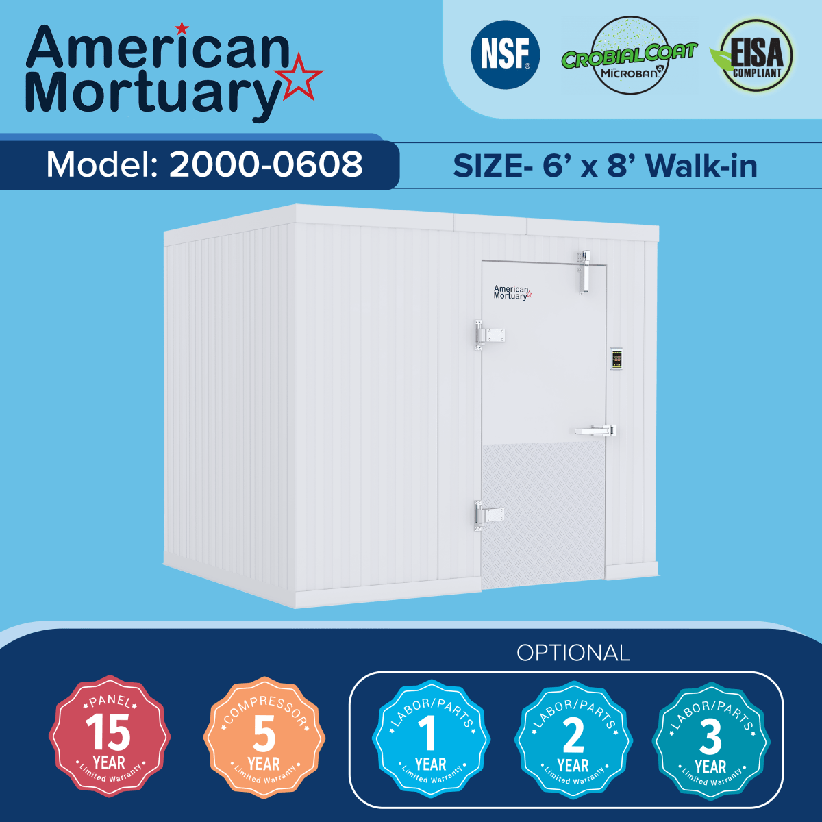 6x8 walk-in mortuary cooler, 48 square foot compact morgue refrigeration, American-made