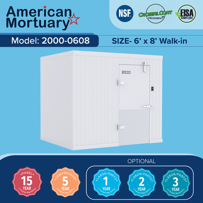 6x8 walk-in mortuary cooler, 48 square foot compact morgue refrigeration, American-made