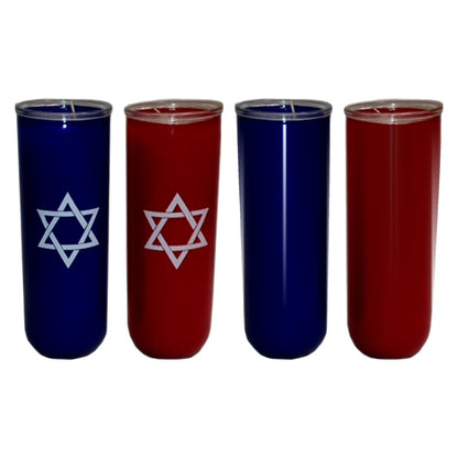 Blue and ruby 7-day memorial candles, Star of David and plain