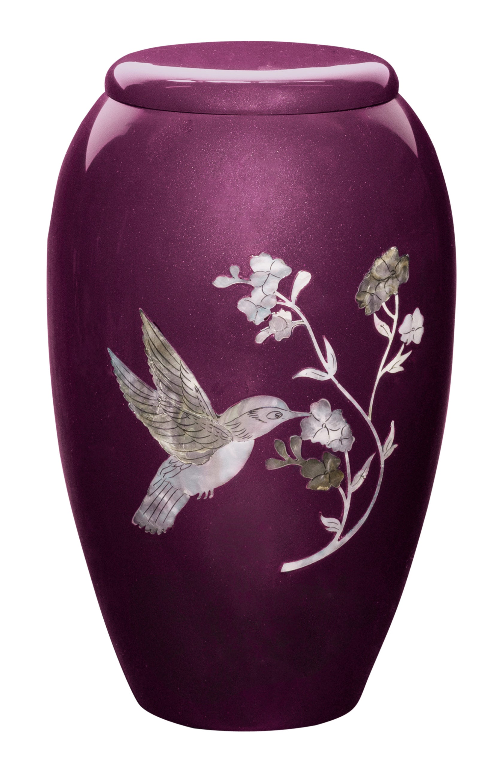 Burgundy Hummingbird Mother of Pearl Urn — ISU-RJ-0152