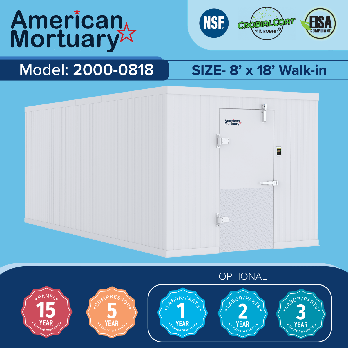 Model AMC-0818 8x18 walk-in cooler, rack-compatible high-capacity cadaver storage