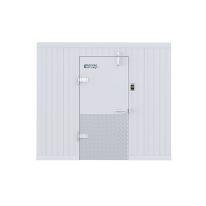 8×20 walk-in mortuary cooler interior, multi-tier body storage racking — American Mortuary Coolers