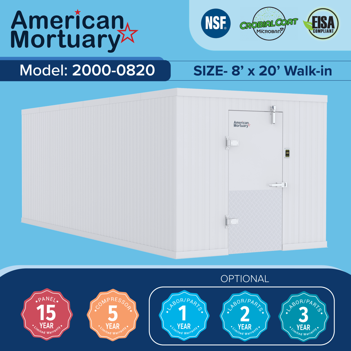 AMC Model 2000-0820 8×20 walk-in mortuary cooler — American Mortuary Coolers
