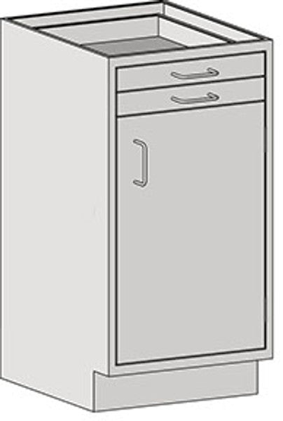 Heavy-duty floor-mounted stainless steel base cabinets for mortuary and forensic pathology workstations made in Johnson City TN.
