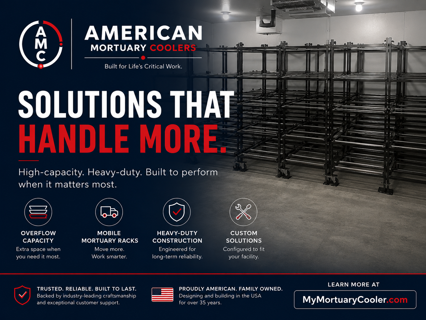 American Mortuary Coolers — USA-made walk-in mortuary coolers, morgue refrigeration, and funeral home cold storage, factory-direct from Johnson City, Tennessee